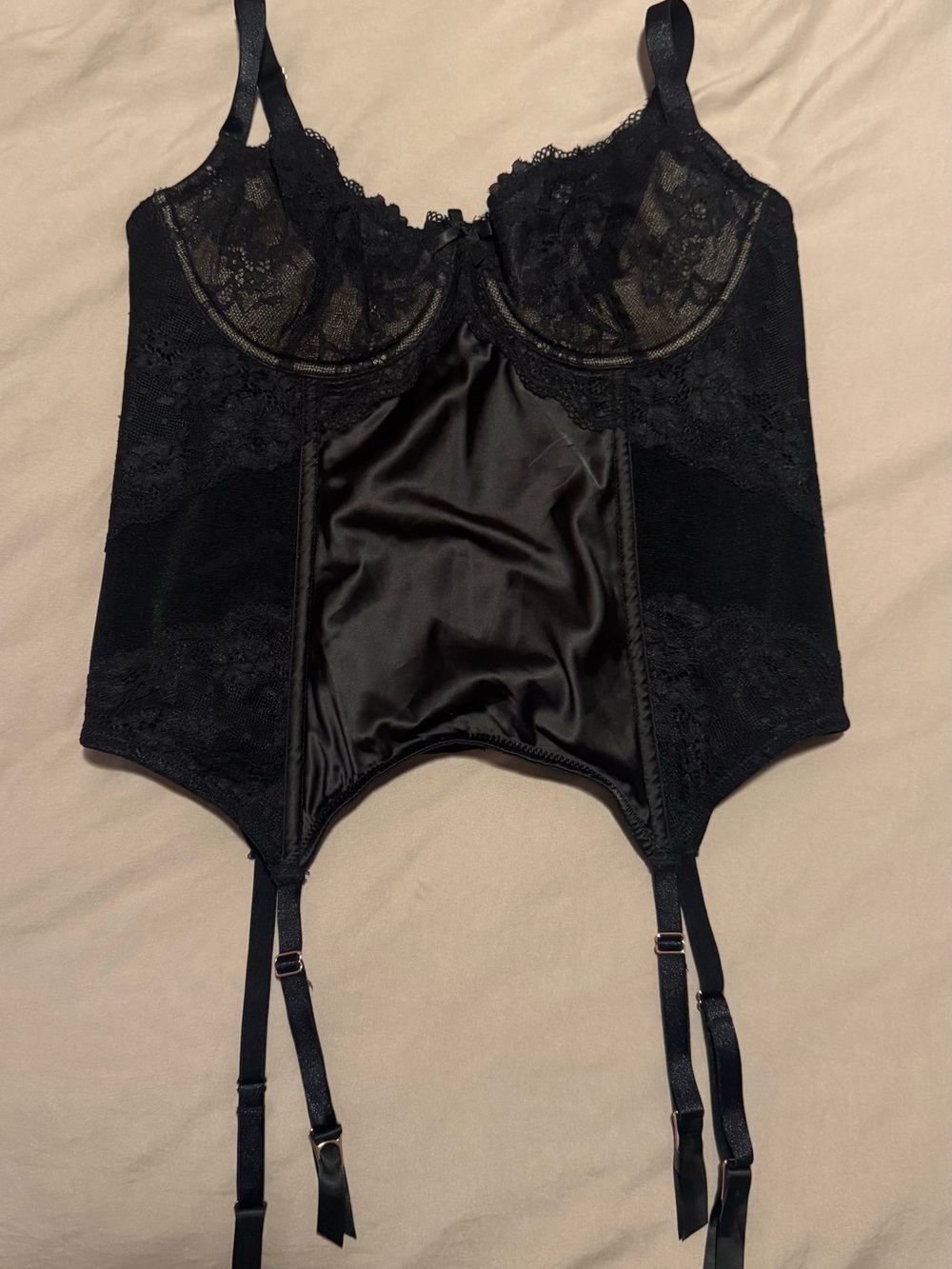 City Chic Black Lace Satin Longline Bustier with Garter Straps